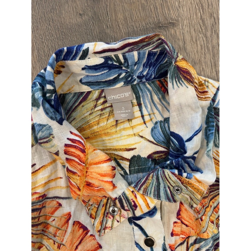 Chicos Tropical Leaf Print Linen Utility Shirt Jacket Drawstring Waist Size 3 XL - Picture 6 of 9
